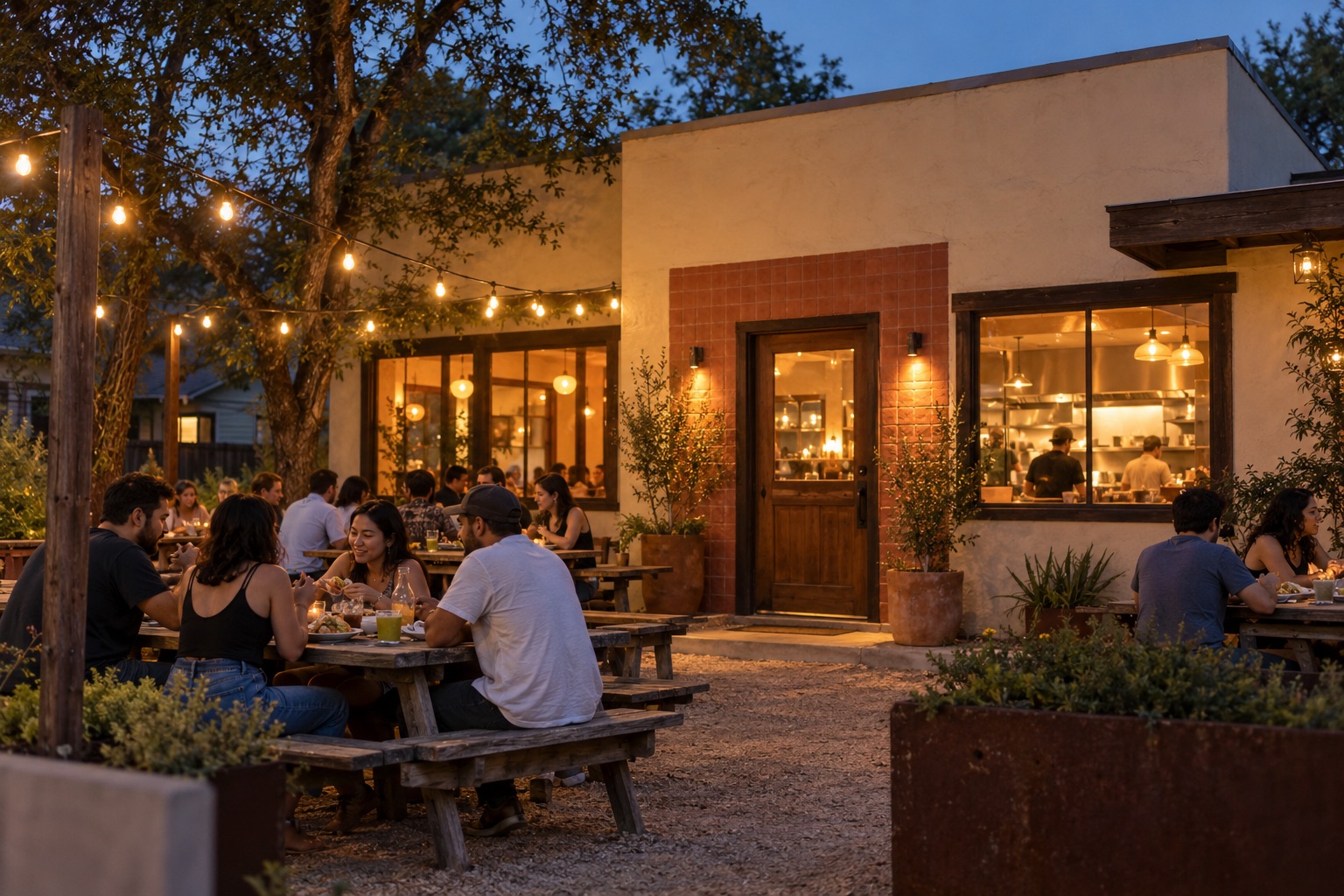 A neighborhood taqueria patio at dusk.